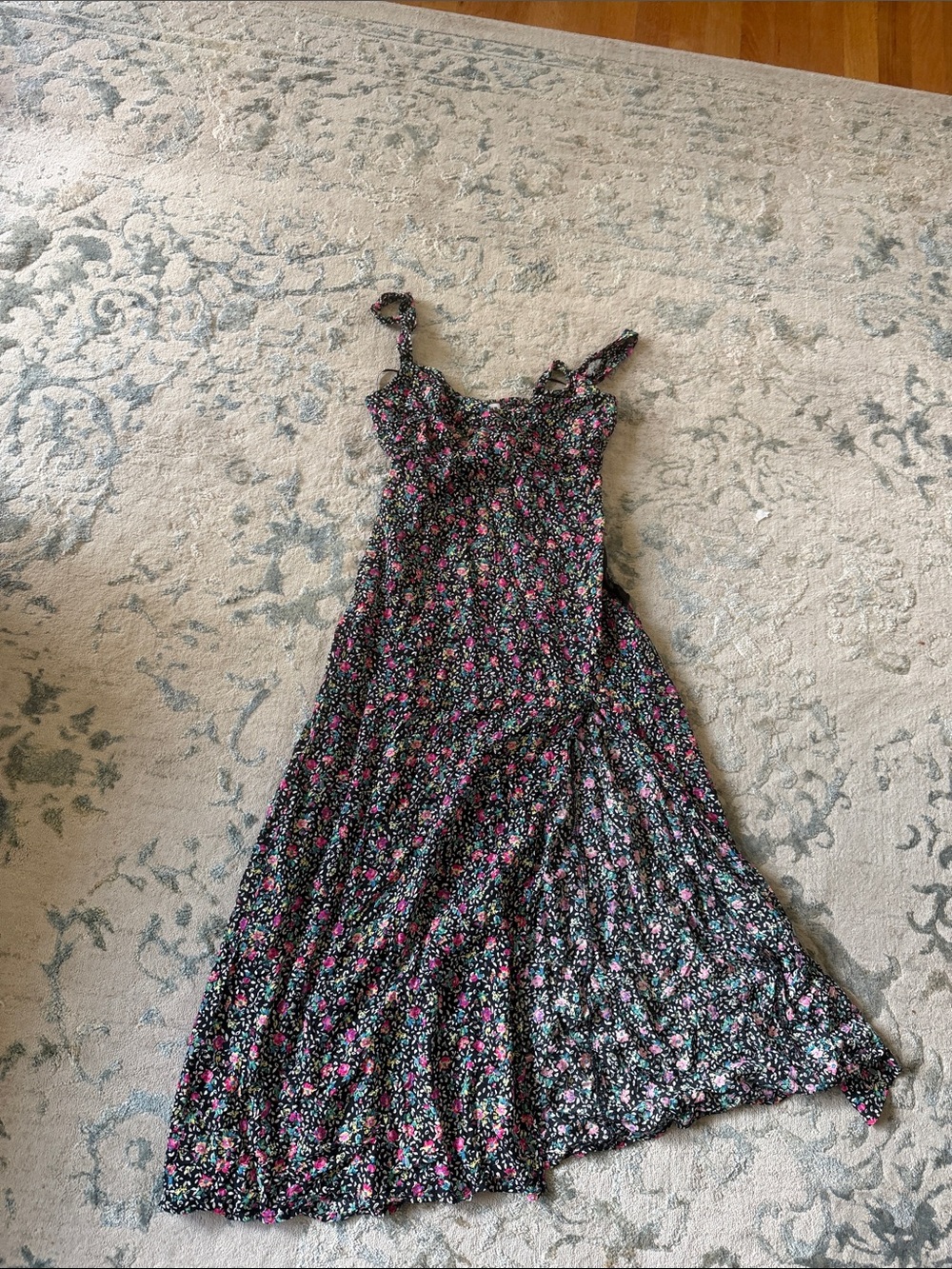 Zara Black Floral  Dress with Pink and Green Accents